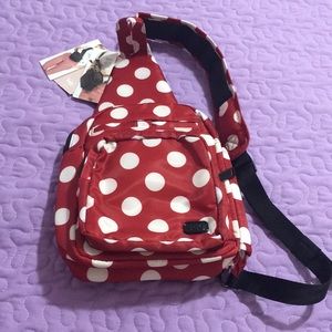 NWT red/white polka dot Lug Archer crossbody backpack w/H2O bottle holder, RFID
